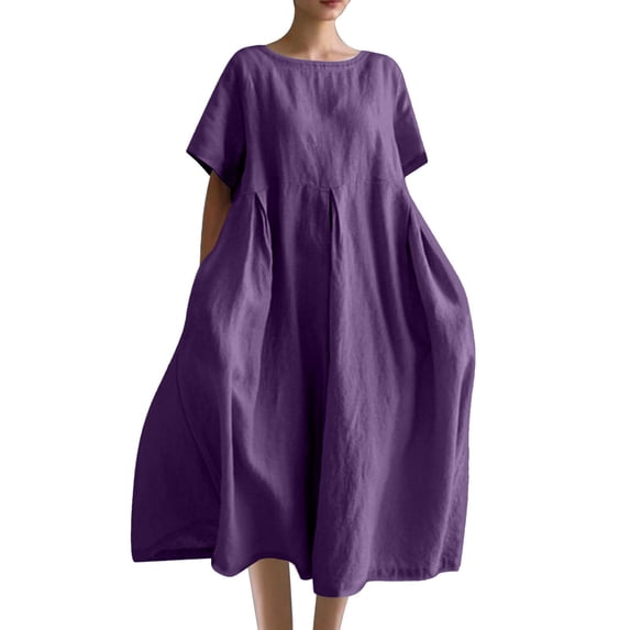 Kilaqueen Cotton Linen Dresses for Women Plus Size Short Sleeve Crewneck A Line Flowy Dress Casual Solid Color Beach Vacation Sundress