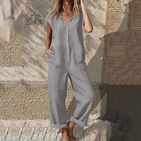 Kilaqueen Cotton Linen Jumpsuits for Women Dressy Summer Cap Sleeve Wide Leg Boho Rompers Casual Loose Button Down Overalls with Pockets