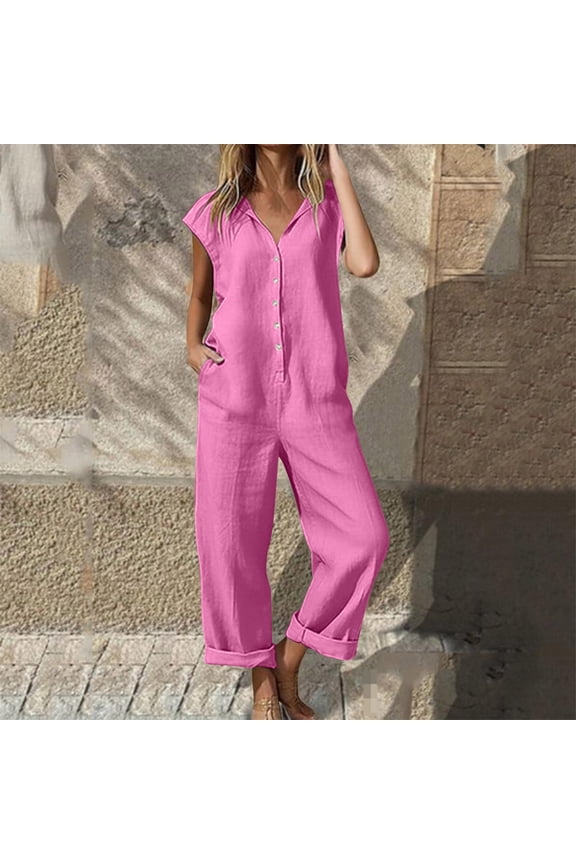 Cotton Linen Jumpsuits for Women Dressy Summer Cap Sleeve Wide Leg Boho Rompers Casual Loose Button Down Overalls with Pockets