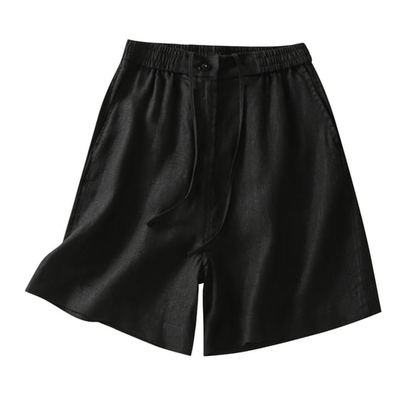 Kilaqueen Cotton Linen Shorts for Women Drawstring Elastic Waist Button Closure Comfy Shorts Casual Solid Color Lightweight Pleated Bermuda Shorts