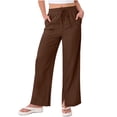 thumbnail image 1 of Kilaqueen Cotton Linen Women's Pants Drawstring Elastic Waist Flowy Straight Leg Beach Trousers with Pockets Solid Color Casual Comfy Palazzo Pants, 1 of 9