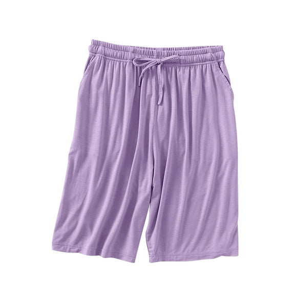 Kilaqueen Cotton Lounge Shorts for Women Casual Solid Color Drawstring Waist Sleep Shorts Stretchy Wide Leg Comfortable Pocketed Pj Bottoms