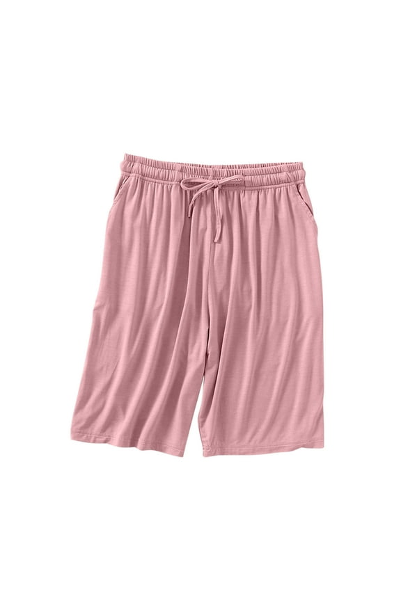 Cotton Lounge Shorts for Women Casual Solid Color Drawstring Waist Sleep Shorts Stretchy Wide Leg Comfortable Pocketed Pj Bottoms