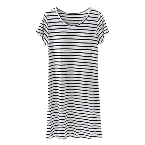 Kilaqueen Cotton Nightgowns for Women Striped Crew Neck Short Sleeve Nightshirt Wire-free sleep dress with built-in padding