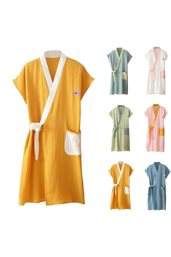 Cotton Robe for Women Sleeveless Gauze Bathrobe Mid Length Shower Robes Comfy Soft Spa Robes Trendy Travel Robe with Pockets