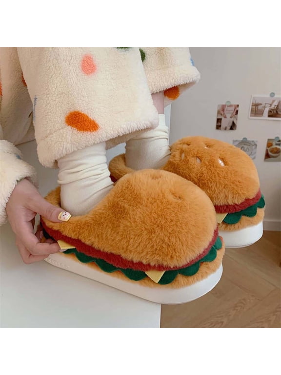 Cozy Plush Scuff Slippers for Women and Men, Cute Hamburger Creative Home Shoes with Memory Foam, Funny Winter Warm Slippers Indoor Outdoor