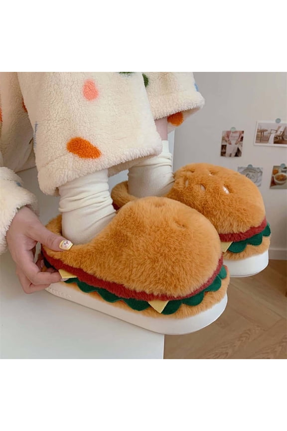 Cozy Plush Scuff Slippers for Women and Men, Cute Hamburger Creative Home Shoes with Memory Foam, Funny Winter Warm Slippers Indoor Outdoor