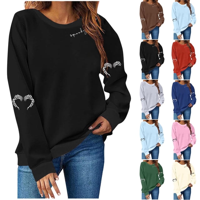 Kilaqueen Crewneck Sweatshirts Women Halloween Skeleton Hand Sweatshirts Lightweight Long Sleeve Spooky Season Sweatshirt Pullover Basic Tee