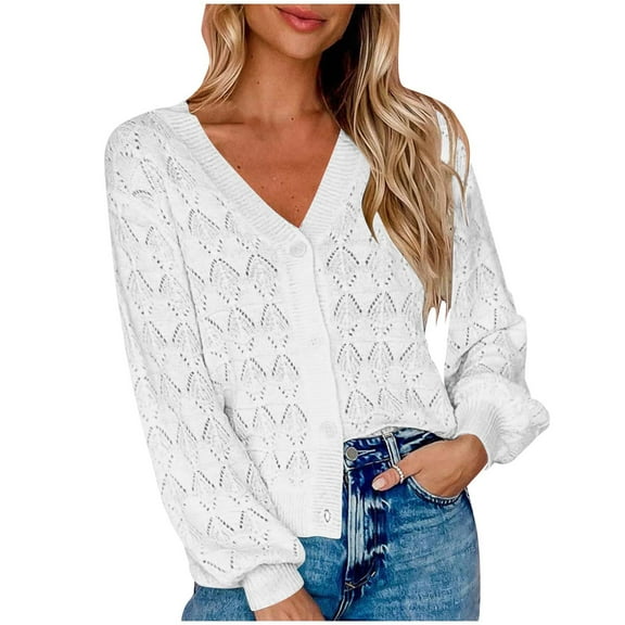 Kilaqueen Cropped Cardigan for Women Hollow Out Crochet Button Down V Neck Long Sleeve Knit Cardigan Sweaters Casual Solid Color Trendy Fall Cardigan