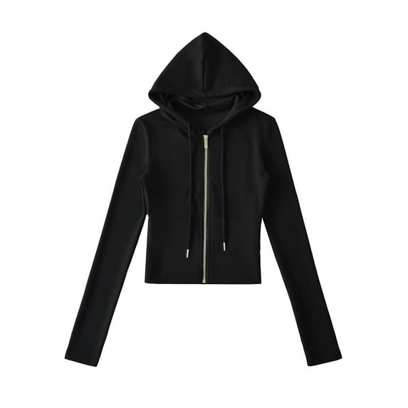 Kilaqueen Cropped Jackets for Women Solid Color Zip Up Long Sleeve Y2K Cardigan Jacket with Drawstring Hooded Trendy Casual Fall Outfits