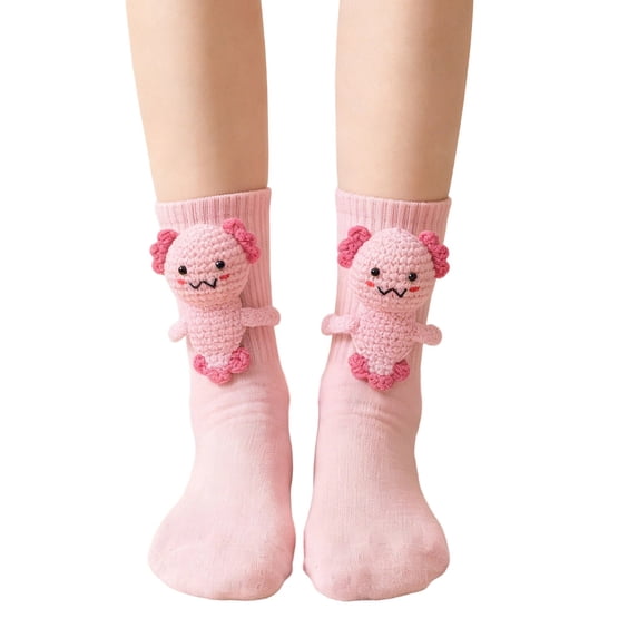Kilaqueen Cute 3D Crochet Axolotl Socks for Women Soft Crew Socks with Salamander Animal Applique Breathable Cotton Novelty Socks