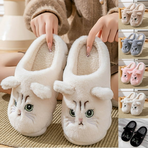 Kilaqueen Cute Cat House Shoes for Women, Soft Fuzzy Animal Slippers Scuff Slipper Socks With Non-Slip Grippers, Memory Foam Winter Warm Slippers Indoor Outdoor