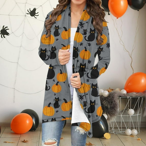 Kilaqueen Cute Cat Pumpkin Printed Womens Cardigan Fashion Plus Size Lightweight Cardigans Open Front Long Sleeve Fall Blouses Comfy Halloween Cardigan