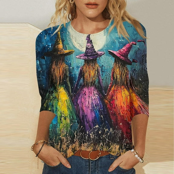 Kilaqueen Cute Funny Halloween Shirts for Women Plus Size 3/4 Length Sleeve Crew Neck Womens Tops Vintage Festival Witch Graphic Tunic Tops