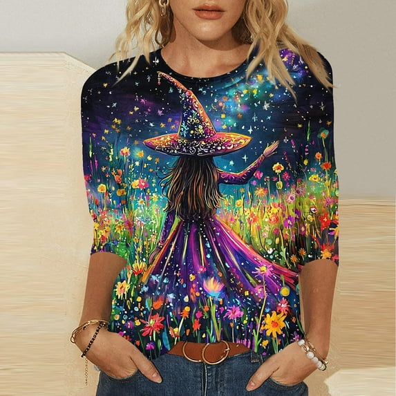 Kilaqueen Cute Funny Halloween Shirts for Women Plus Size 3/4 Length Sleeve Crew Neck Womens Tops Vintage Festival Witch Graphic Tunic Tops