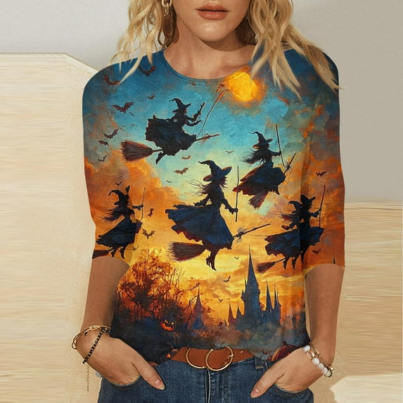 Kilaqueen Cute Funny Halloween Shirts for Women Plus Size 3/4 Length Sleeve Crew Neck Womens Tops Vintage Festival Witch Graphic Tunic Tops