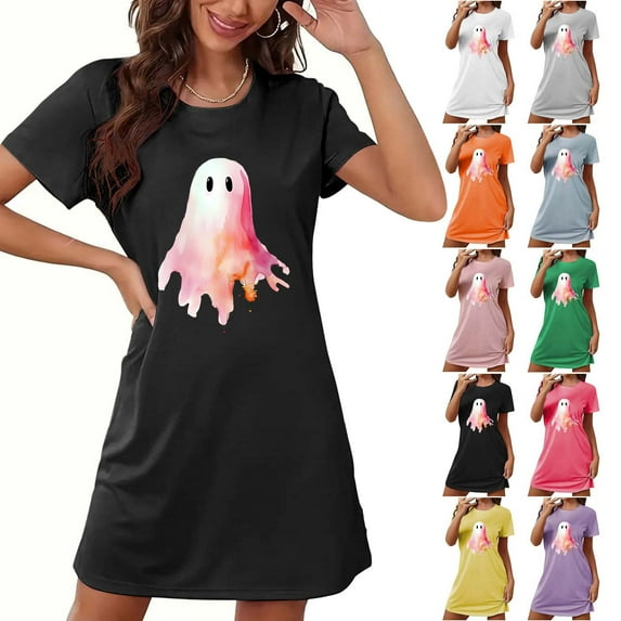 Kilaqueen Cute Ghost Pattern Nightgowns for Women Casual Short Sleeve Halloween Pajamas Women Knee-Length Sleepshirt, A-Shape Ladies Sleepwear