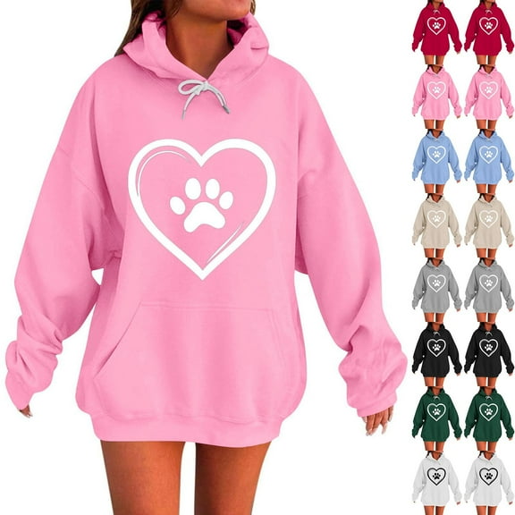 Kilaqueen Cute Heart Graphic Womens Oversized Hoodie Casual Drawstring Long Sleeve Blouse Tops with Pocket Plus Size Comfortable Pullover Sweaters