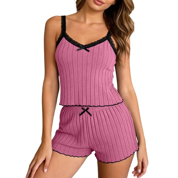Kilaqueen Cute Pajamas for Women Slim Fit Knit Lace Trim Crop Cami Tops and Shorts Set with Bow 2 Piece Lounge Sets Sleepwear PJ Set