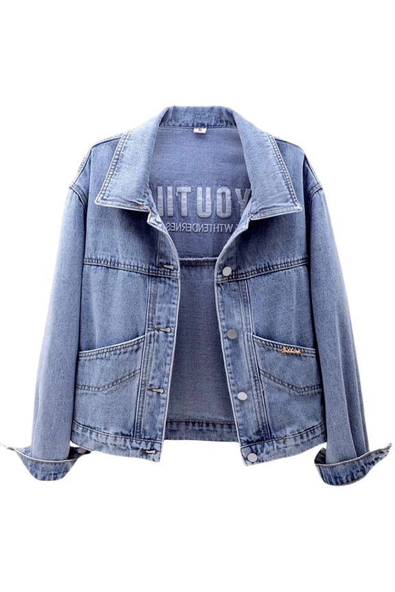 Denim Jacket for Women Long Sleeve Button Down Lapel Embroidery Jean Coat Casual Trendy 2025 Outwear