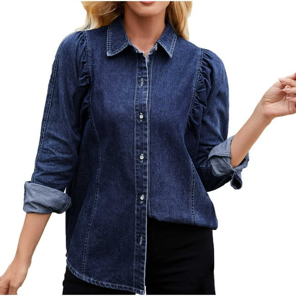 Kilaqueen Denim Shirt Women Solid Color Button Down Long Sleeve Lapel Jackets Lightweight Casual Versatile Comfy Shirt