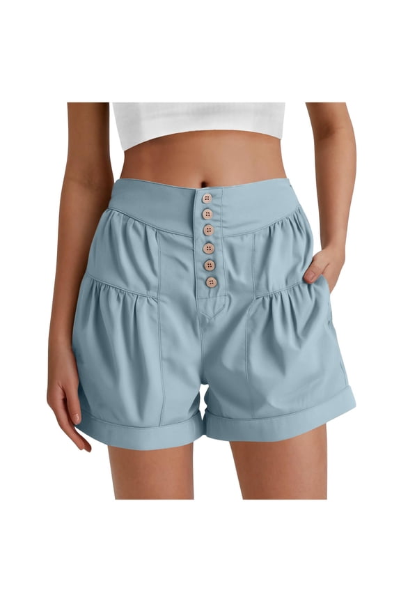 Denim Short for Women Cute Ruffle Hem Elastic Waist Flare Stretchy Shorts Solid Color Button Closure Trendy Short