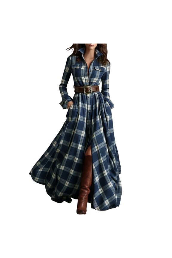 Dresses for Women Plaid Vintage Western Front Button Lapel Maxi Dress Asymmetric Hem Trench Coat with Belt