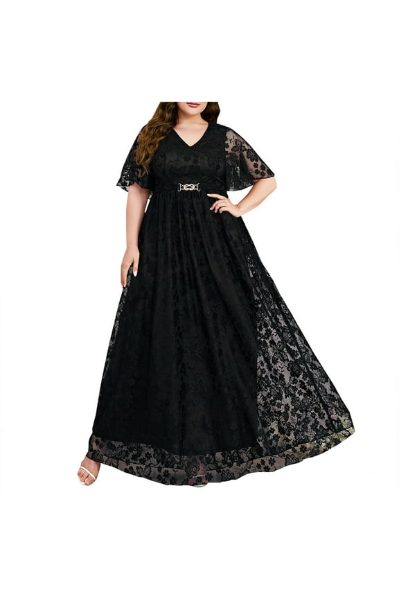 Dresses for Women Plus Size Lace Short Sleeve V Neck Maxi Dress Formal Elegant Evening Gowns Wedding Guest Embroidery Prom Long Dress