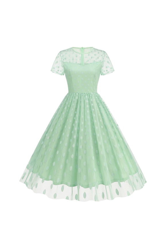 Dresses for Women Round Neck See-Through Short Sleeve Polka Dot Maxi Dresses Audrey Hepburn Rockabilly Cocktail Party Dress