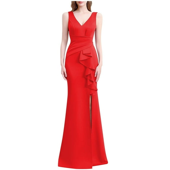Kilaqueen Dresses for Women Sleeveless V-Neck Slit Leg Solid Color Dresses for Cocktail Parties and Wedding Guest