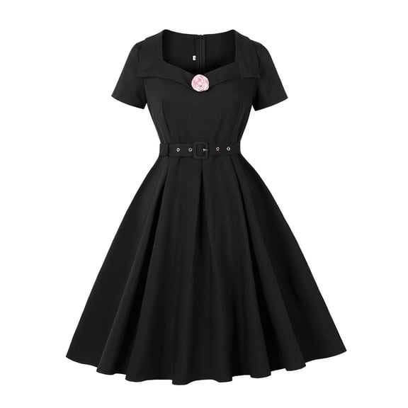 Kilaqueen Dresses for Women Square Neck Lapel Short Sleeve Maxi Dress Solid Color Vintage Trendy Cocktail Party Swing Dress