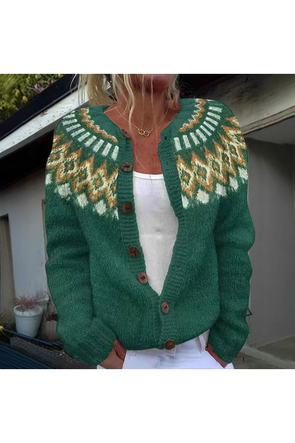 Fair Isle Sweater Women Cardigan 2025 Winter Ethnic Vintage Argyle Knit Outwear Colorful Boho Icelandic Jumpers Coat Oversized Crew Neck Long Sleeve Lightweight Sweater