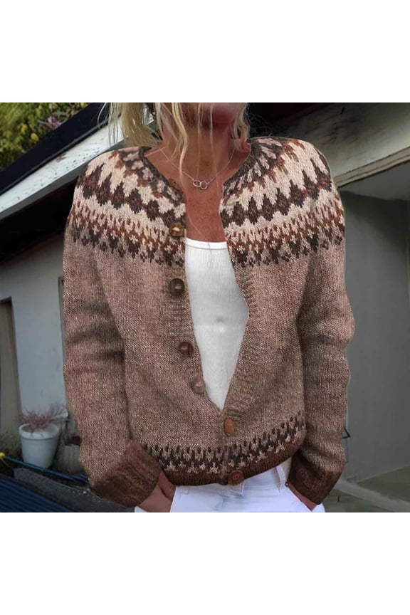 Fair Isle Sweater Women Cardigan 2025 Winter Ethnic Vintage Argyle Knit Outwear Colorful Boho Icelandic Jumpers Coat Oversized Crew Neck Long Sleeve Lightweight Sweater
