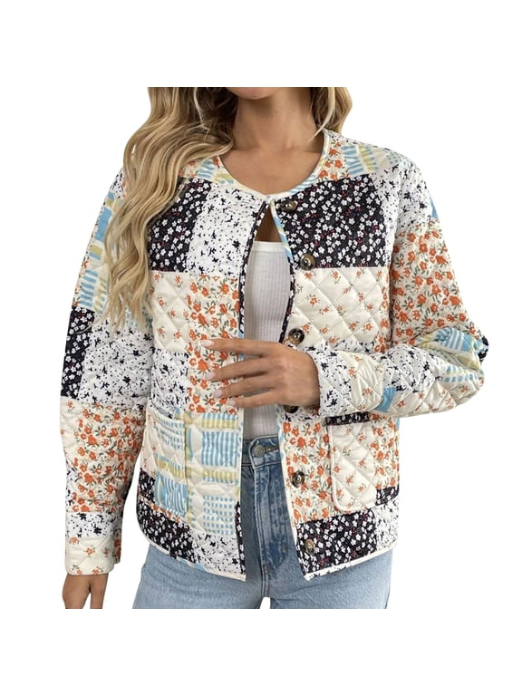 Fall Jackets for Women 2025 Long Sleeve Fashion Print Patchwork Button Down Crew Neck Coats Trendy Casual Warm Outwear