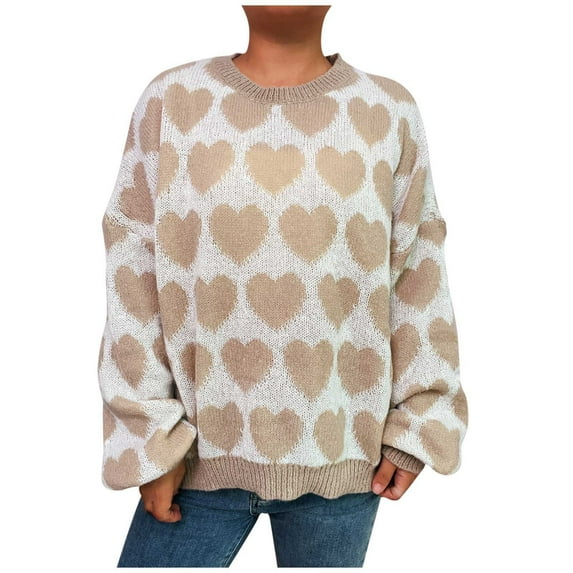 Kilaqueen Fall Sweaters for Women Vintage Heart Print Crew Neck Long Sleeve Pullover Tops Casual Fall Winter Warm 2025 Trendy Sweaters