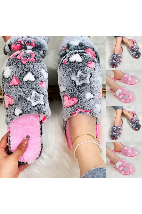 Fashion Printed Winter Warm Slippers for Women, Cozy Fuzzy Scuff Slippers Slip-On Memory Foam House Shoes Outdoor Indoor, Christmas Gifts