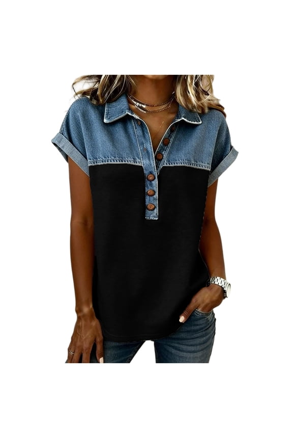 Faux Denim Patchwork Shirts for Women Button Up V Neck Lapel Collar Casual Short Sleeve Western Blouses Summer Vintage Plus Size Business Loose Holiday Tops