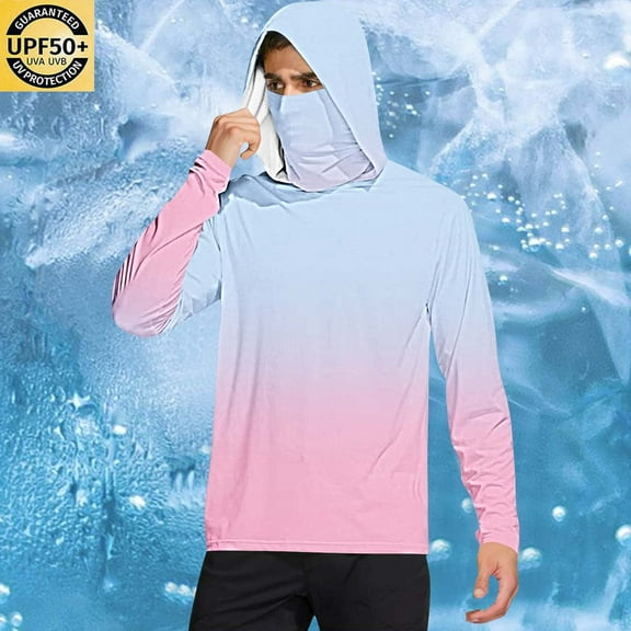 Kilaqueen Fishing Hoodies for Men Sun Protection Hiking Shirt Gradient Color UPF 50  Long Sleeve T-Shirts Lightweight Cooling Rash Guards Sun Shirt with Face Mask