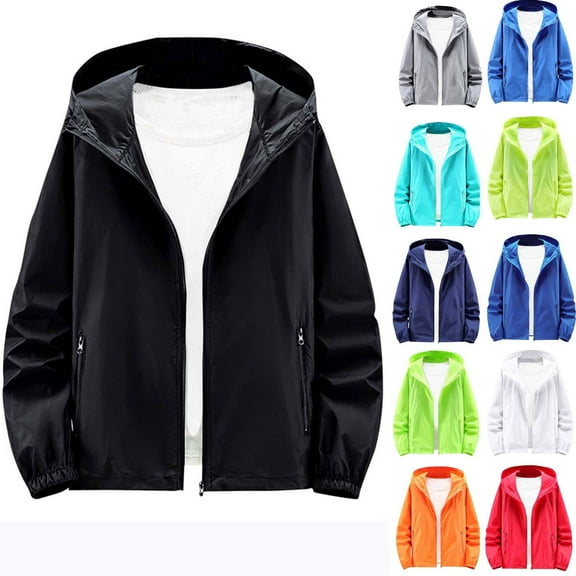 Kilaqueen Fishing Hoodies for Men UPF 50 + Rain Jacket Windbreaker with Zipper Pockets, Full Zip Lightweight UV Sun Protection Hooded Jacket Hiking Cycling Raincoat Activewear