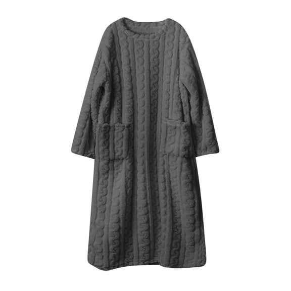 Kilaqueen Flannel Nightgowns for Women Cozy Fuzzy Crew Neck Long Sleeve Ankle Length Sleepdress with Pockets Soft Solid Color Warm Winter Pullover Loungewear