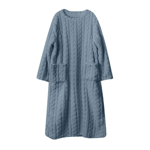 Kilaqueen Flannel Nightgowns for Women Cozy Fuzzy Crew Neck Long Sleeve Ankle Length Sleepdress with Pockets Soft Solid Color Warm Winter Pullover Loungewear