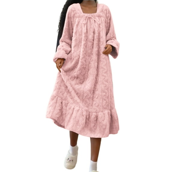 Kilaqueen Flannel Nightgowns for Women Coral Fleece Bow Long Sleeve Night Dress Fluffy Fuzzy Autumn Winter Warm Pullover Loungewear