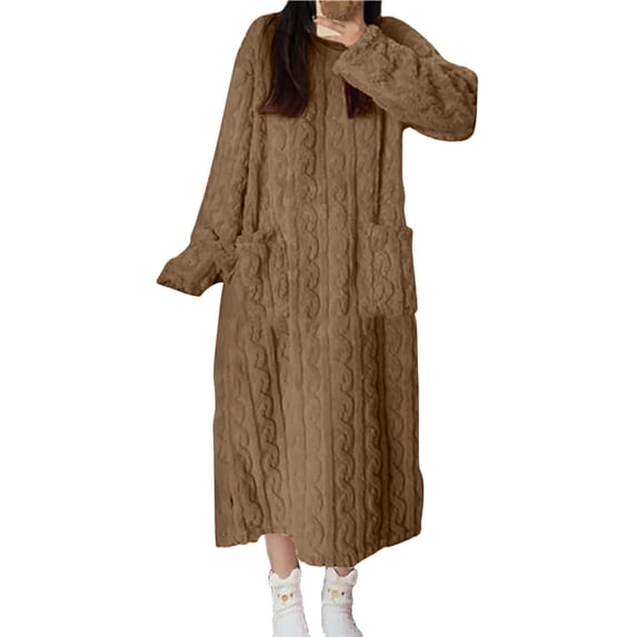 Kilaqueen Flannel Nightgowns for Women Fuzzy Fleece Crew Neck Loose Sleepdress Soft Casual Comfort Warm Winter Pullover Nightdress with Pockets