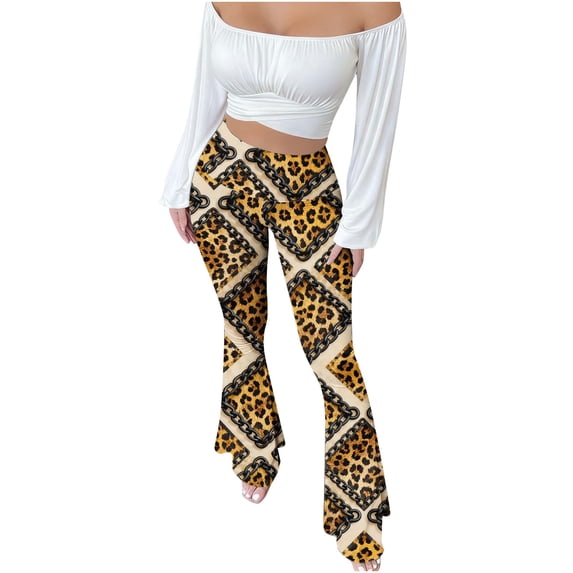 Kilaqueen Flare Leggings for Women 70s Retro Boho Leopard Y2k High-Waisted Tummy Control Yoga Pants Trendy Slim Fit Booty Lifting Trousers