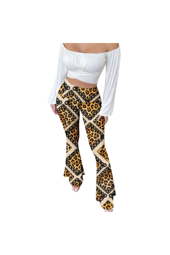 Flare Leggings for Women 70s Retro Boho Leopard Y2k High-Waisted Tummy Control Yoga Pants Trendy Slim Fit Booty Lifting Trousers