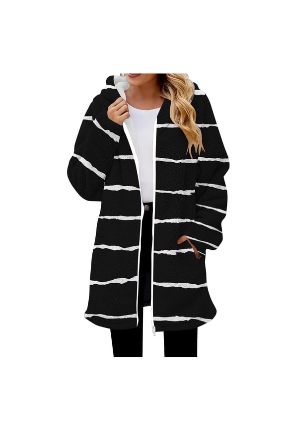 Fleece Jacket Women Long Sleeve Striped Full Zip Side Pockets Long Coat with Hood Casual Trendy Winter Warm Outwear