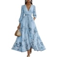 thumbnail image 1 of Kilaqueen Floral Wedding Guest Dress for Women, Long Sleeve V Neck Wrap Style High Waist Flowy Maxi Dress for Summer Vacation Party Beach and Evening, 1 of 5