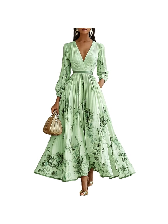 Floral Wedding Guest Dress for Women, Long Sleeve V Neck Wrap Style High Waist Flowy Maxi Dress for Summer Vacation Party Beach and Evening