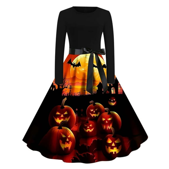 Kilaqueen Flowy Cocktail Dresses for Women Vintage Long Sleeve Party Dresses Halloween Pumpkin Graphic Long Dresses Plus Size Fall Swing Dress