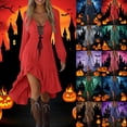 thumbnail image 1 of Kilaqueen Flowy Halloween Dresses for Women Fashion V Neck Drawstring Midi Dresses Long Sleeve Gothic Dresses Ruched Irregular Hem Halloween Costumes, 1 of 9